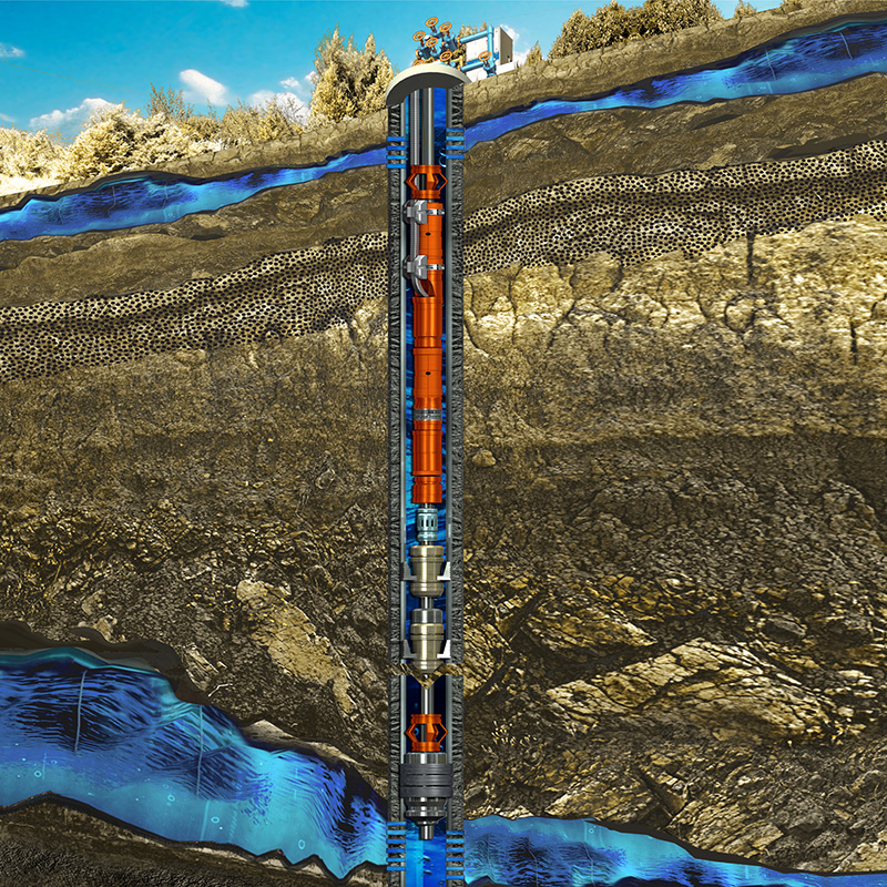 Diagrama de bomba de inyección de agua que muestra la bomba en estratos